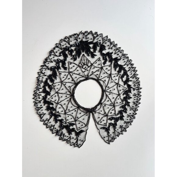 Vintage Black Beaded Sequin Embroidered Tulle Collar - Picture 12 of 14